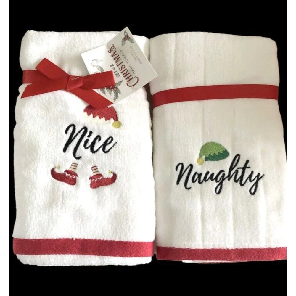 Christmas Naughty Nice Elf Hand Towels Set of 2 Bathroom Red White Holiday Bath